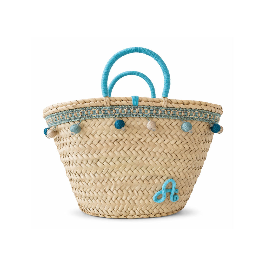Coffa siciliana decorata borsa in paglia personalizzata con iniziale e pon pom turchesi