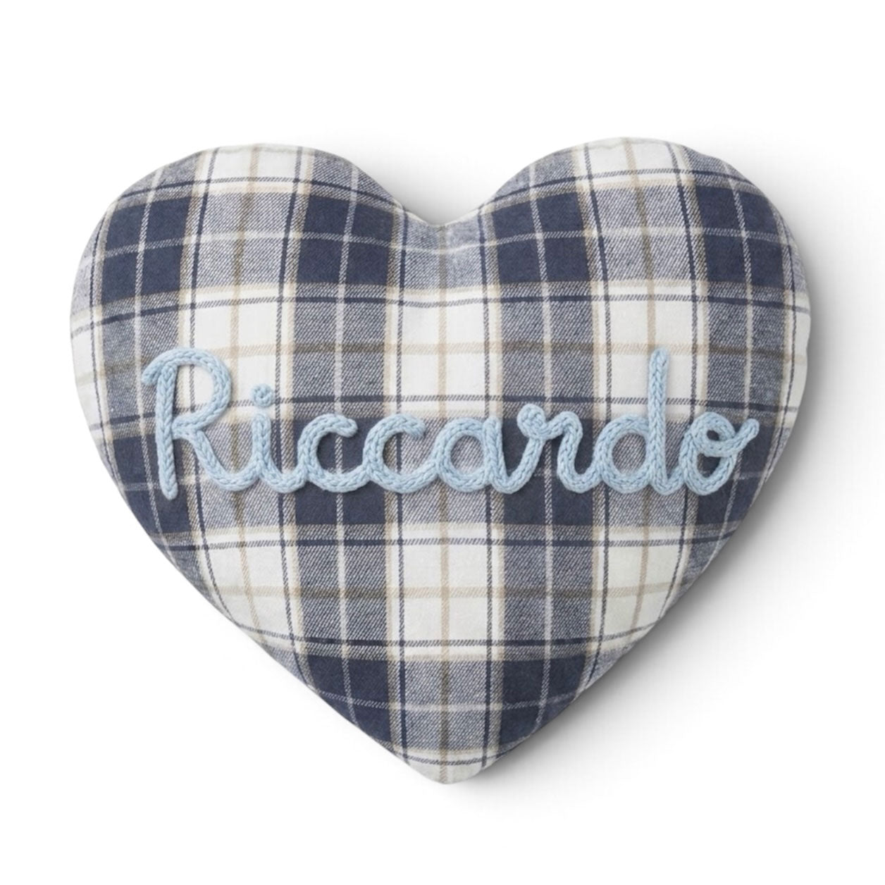 Cuscino a forma di cuore tartan blu con nome personalizzato