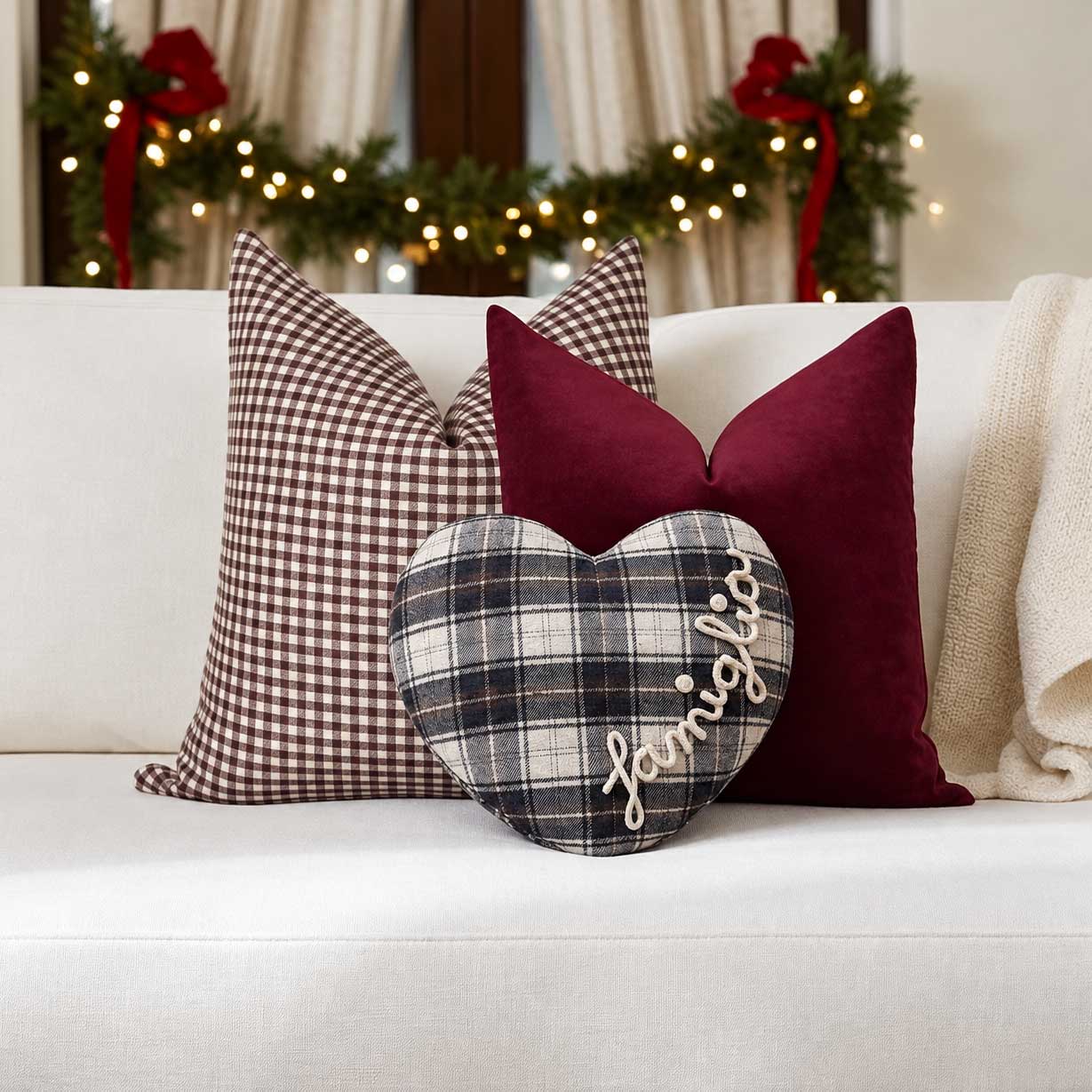 Cuscino a forma di cuore tartan blu con nome personalizzato