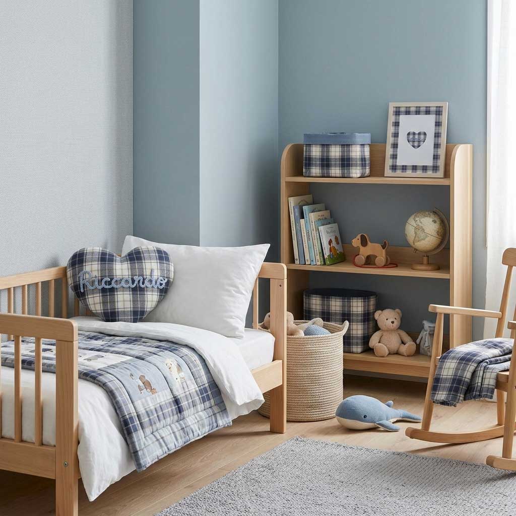 Cuscino a forma di cuore tartan blu con nome personalizzato