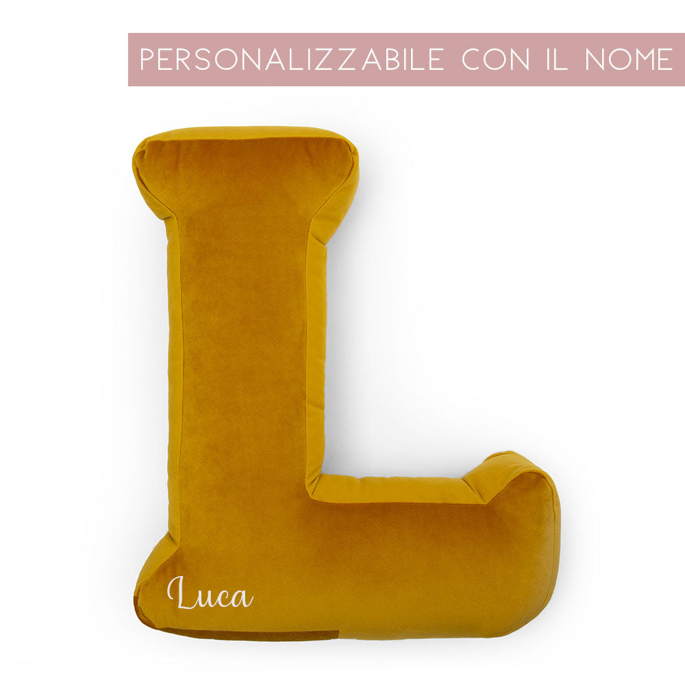 Cuscino Personalizzato Lettera Alfabeto Iniziale Velluto Giallo Senape