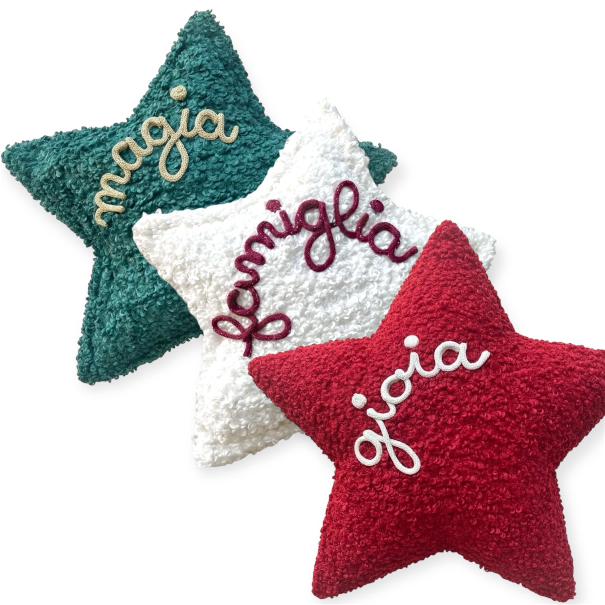 Cuscino a forma di stella tessuto bouclè teddy con scritta personalizzata