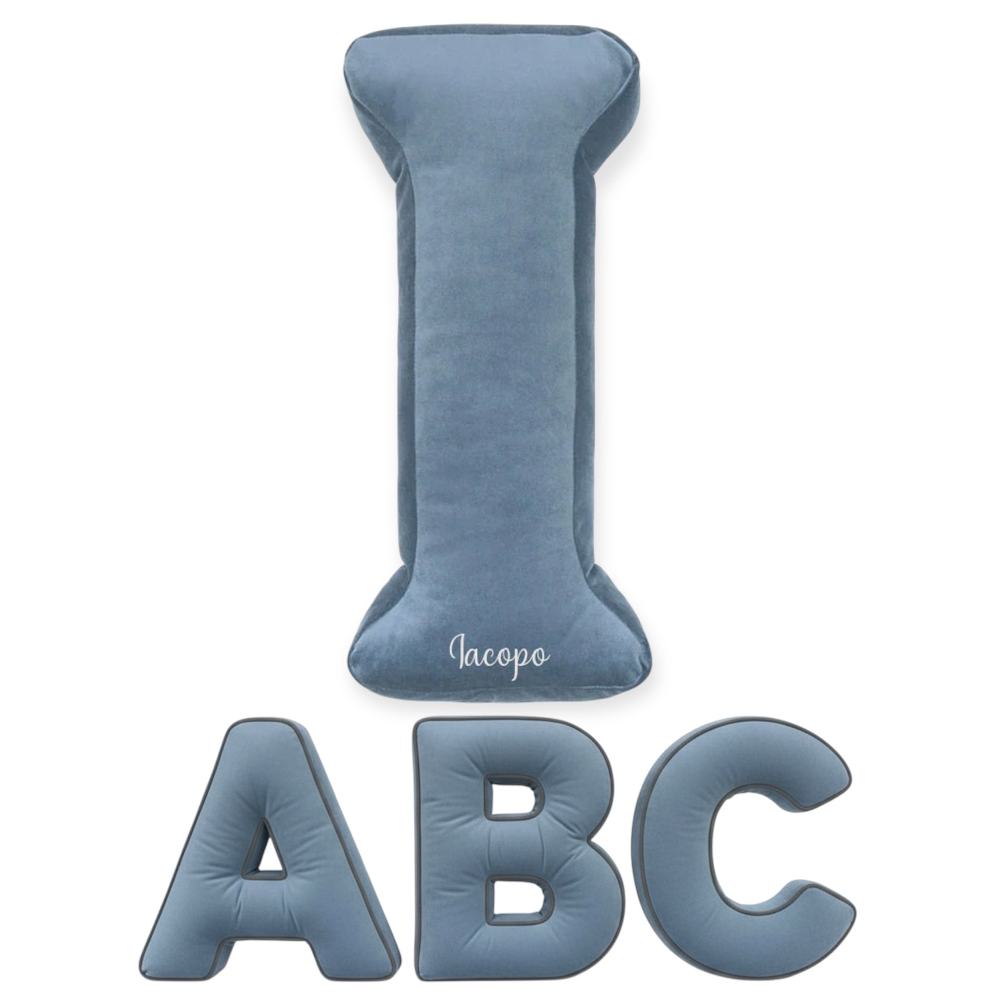 Cuscino Personalizzato a Forma di Lettera Alfabeto Iniziale Velluto Azzurro Polvere