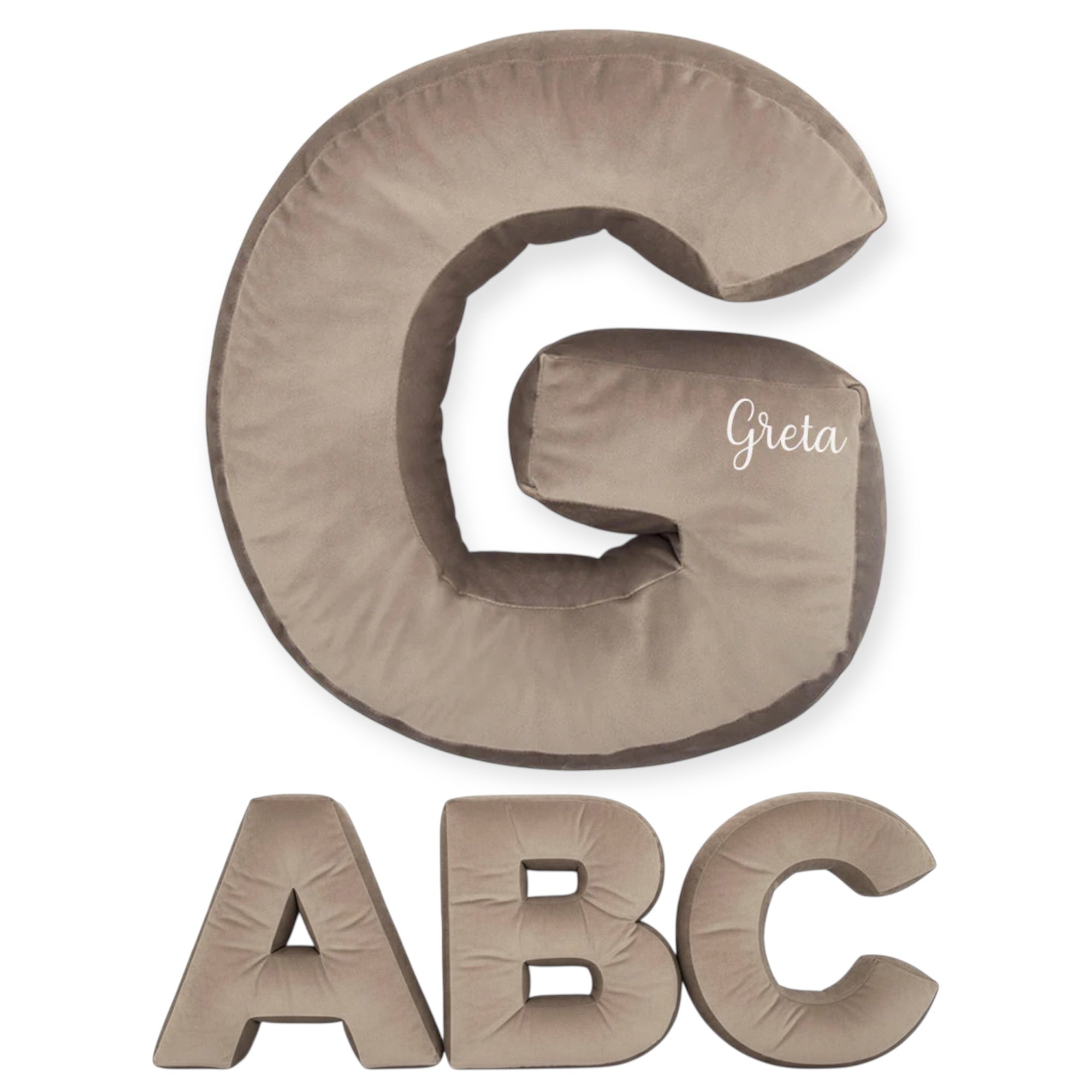 Cuscino Personalizzato a Forma di Lettera Alfabeto Iniziale Velluto Tortora