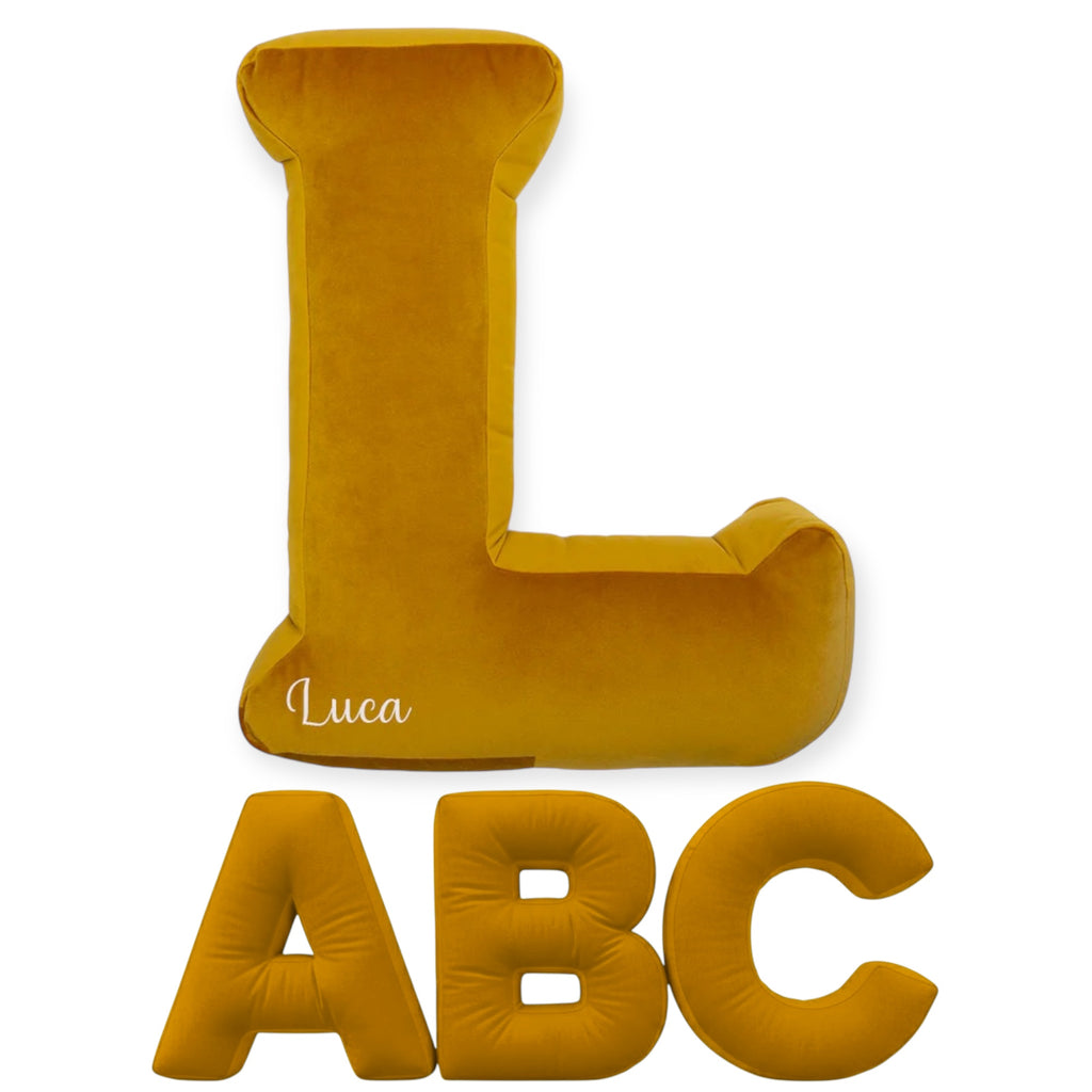 Cuscino Personalizzato a Forma di Lettera Alfabeto Iniziale Velluto Giallo Senape