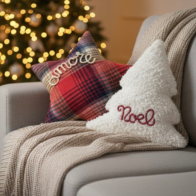 Cuscino a forma di stella tessuto tartan con scritta personalizzata