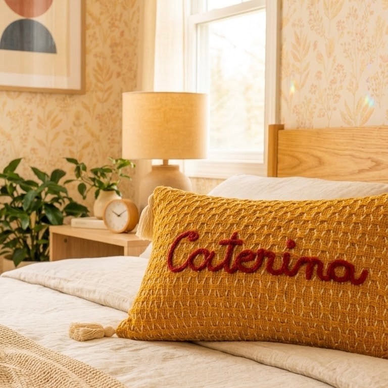 Cuscino Giallo Senape con Scritta Personalizzata e Nappe