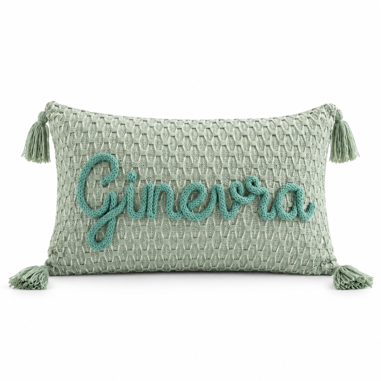 Cuscino con nappe verde menta con nome o scritta personalizzata ricamata