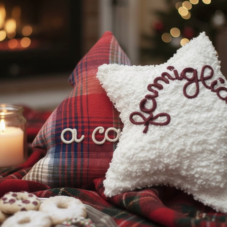 Cuscino a forma di Albero di Natale in tessuto tartan con scritta personalizzabile