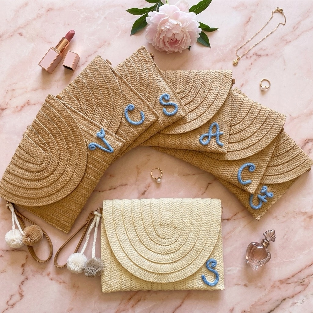 Pochette in paglia panna con nome personalizzato