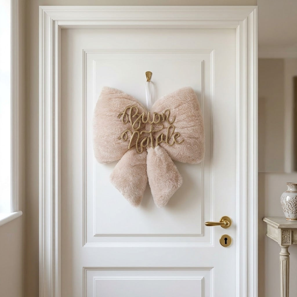 fiocco natalizio personalizzato in peluche con scritta in tricottino e stelle in legno con nomi