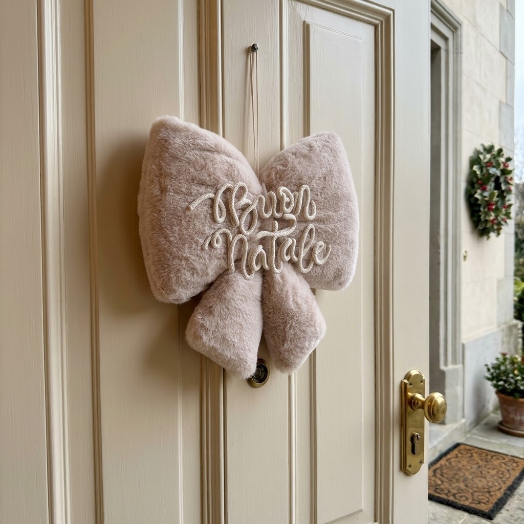 fiocco natalizio personalizzato in peluche con scritta in tricottino e stelle in legno con nomi