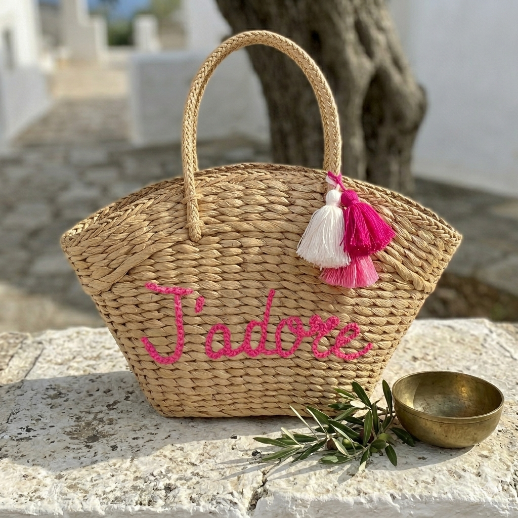Borsa in paglia Nizza con nappe e scritta personalizzata
