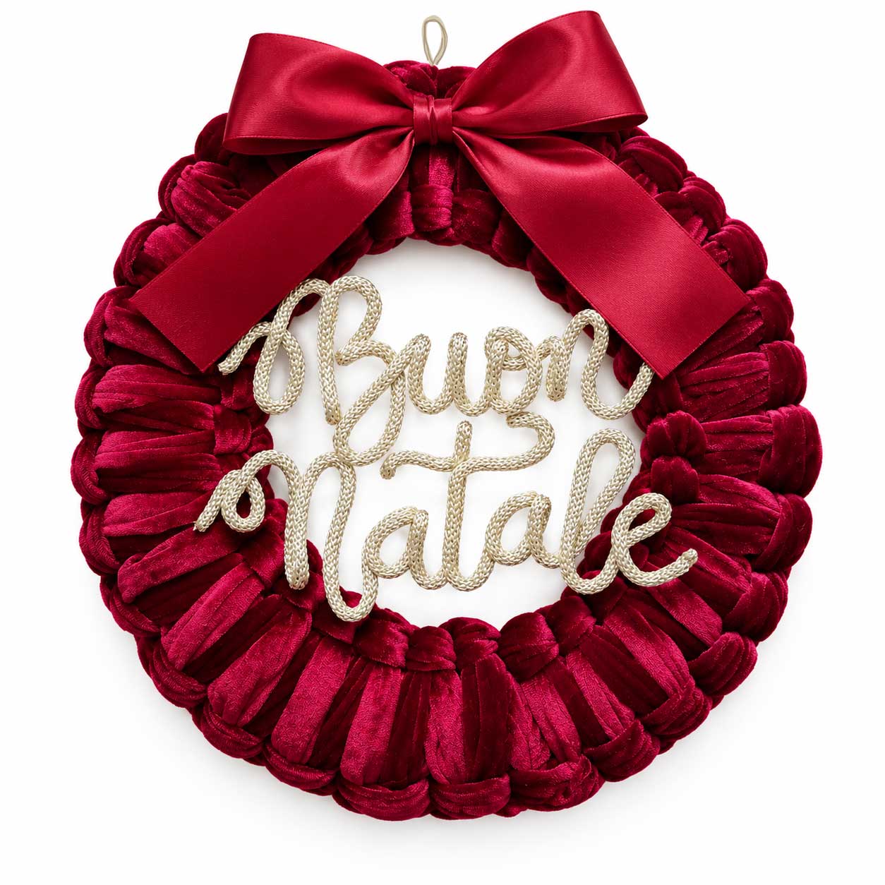 Ghirlanda natalizia in velluto bordeaux con scritta personalizzata oro