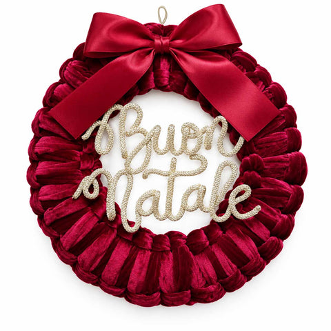 Ghirlanda natalizia in velluto bordeaux con scritta personalizzata oro