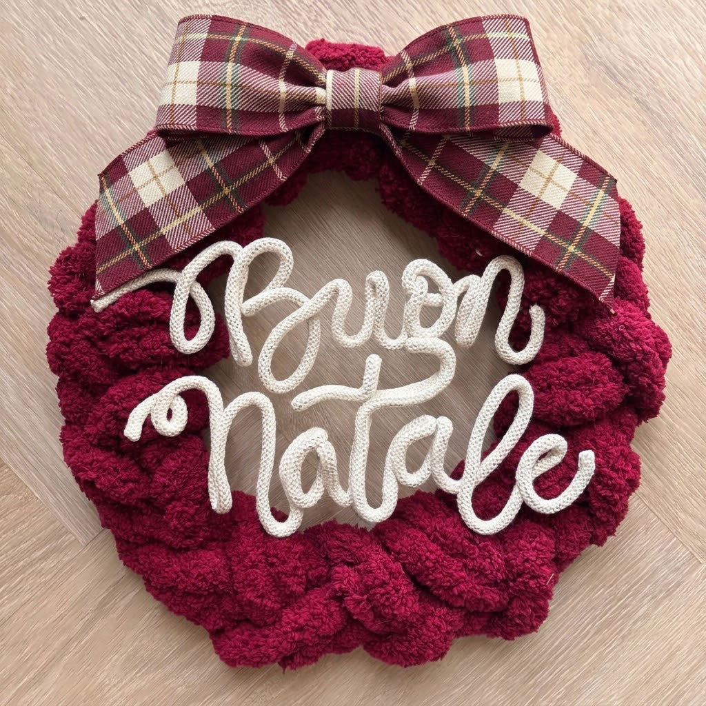 Ghirlanda natalizia in ciniglia panna o bordeaux con scritta personalizzata