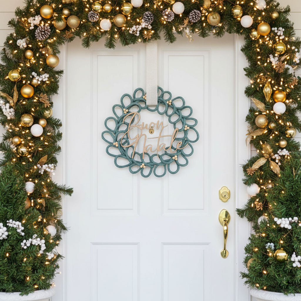 Ghirlanda natalizio di vischio in cotone con scritta in legno personalizzata
