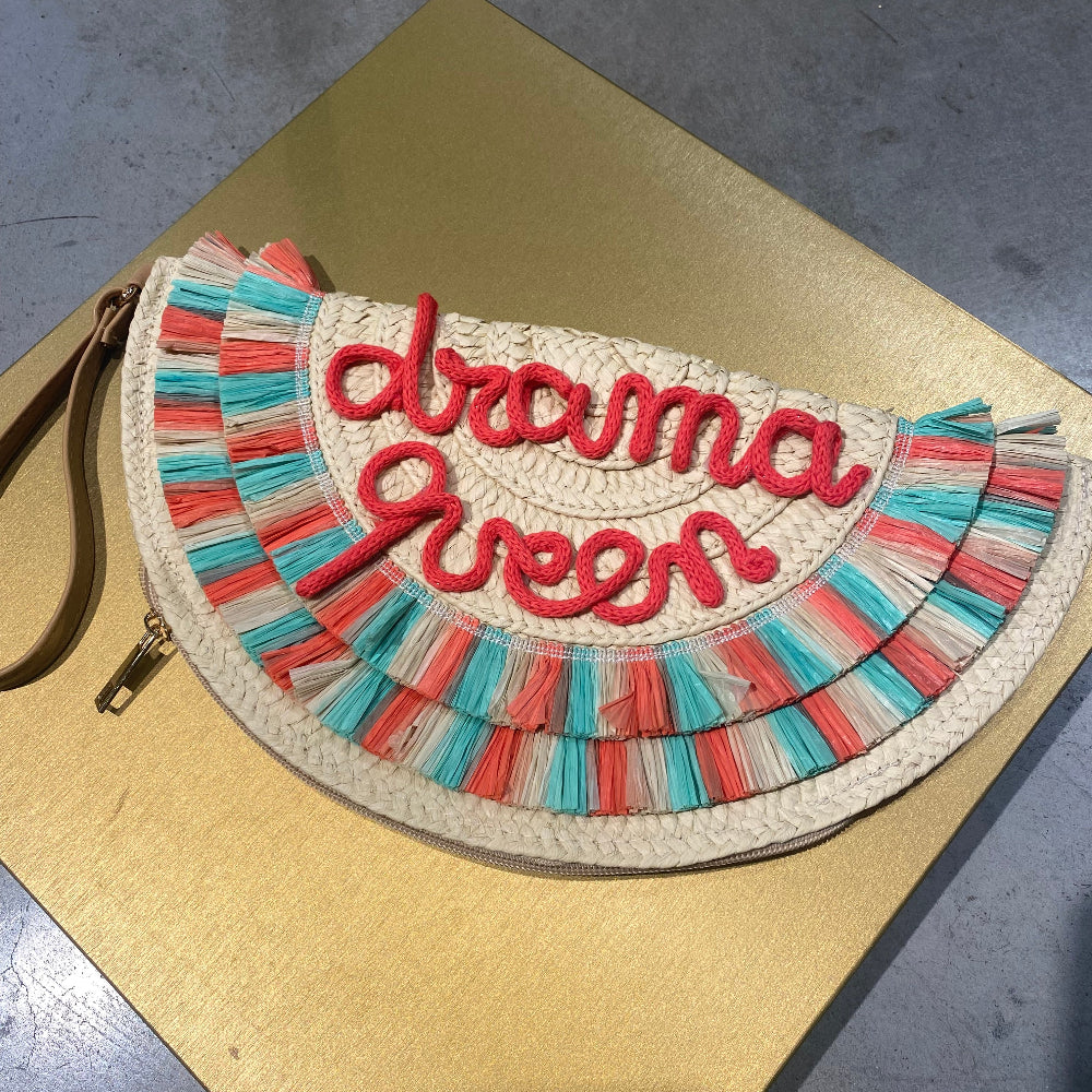Borsa pochette in paglia con frange colorate e nome personalizzato