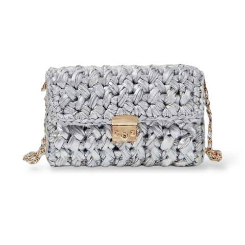 Pochette uncinetto pelle metallizzata argento