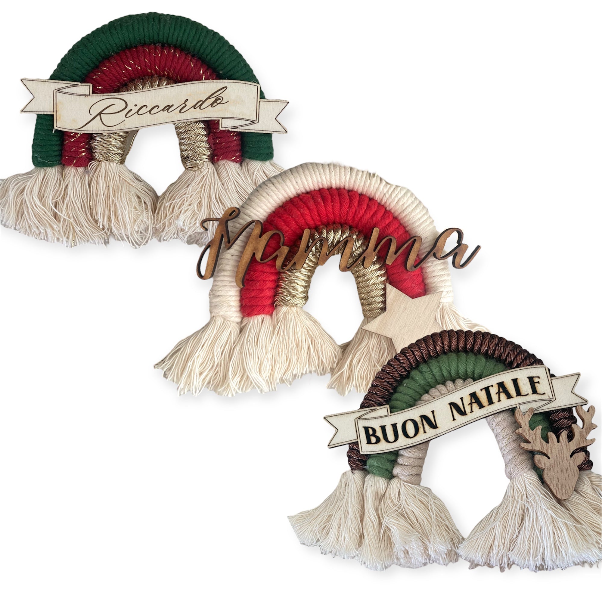 Addobbo albero Natale Arcobaleno Macramè con Nome Personalizzato