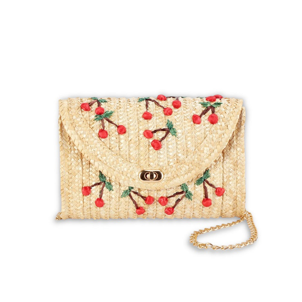 Pochette in paglia naturale con ciliegie ricamate