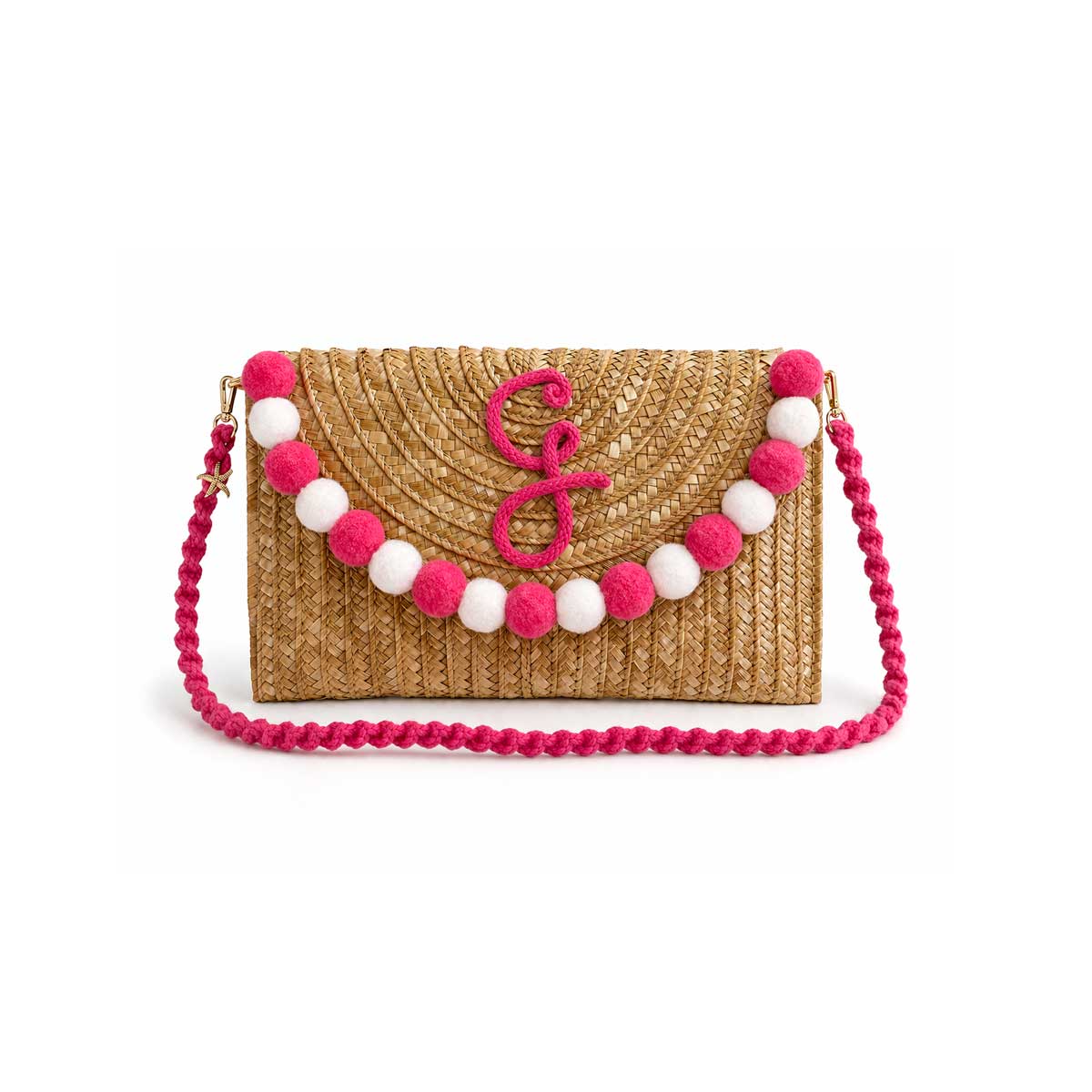 Pochette in paglia Ibiza con scritta personalizzata e pon pom bianchi/rosa