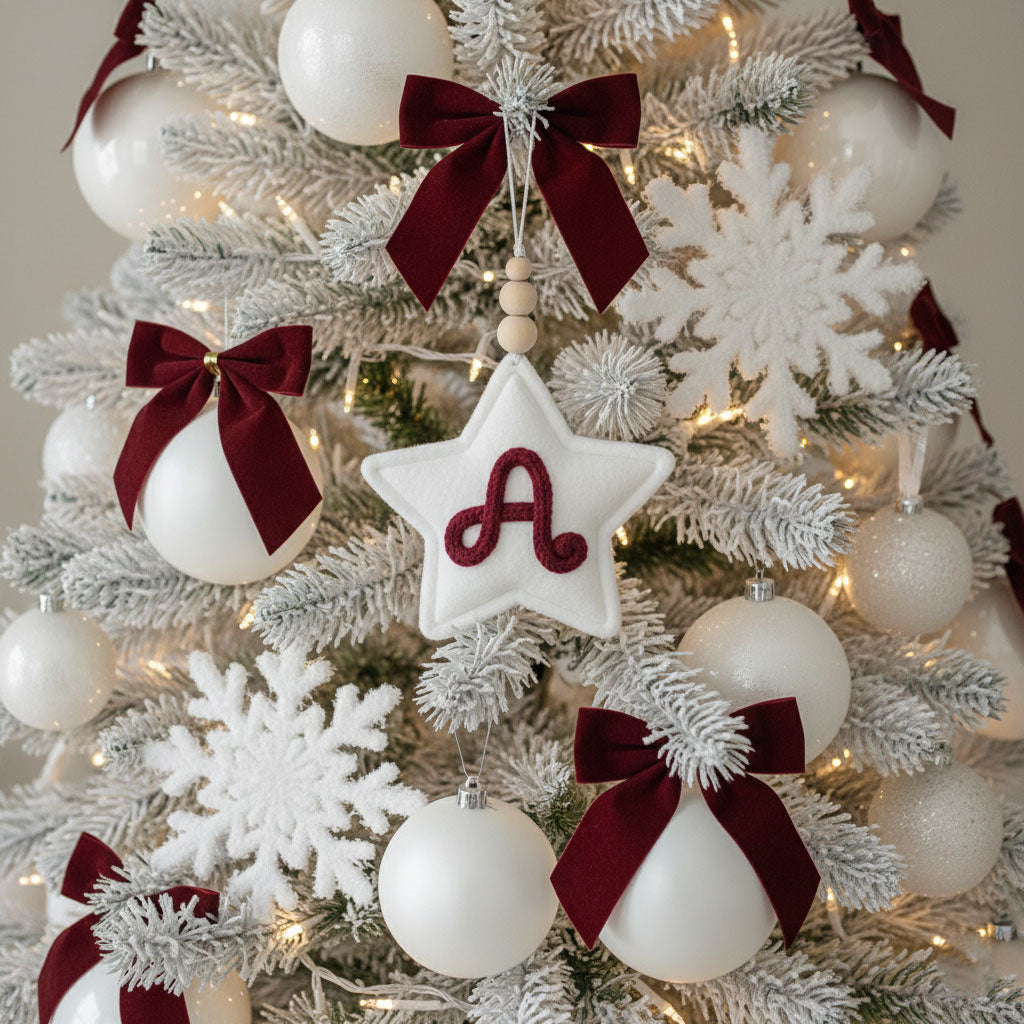Stella in velluto bianco per albero di natale personalizzata con iniziale