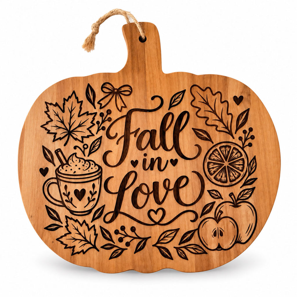 Tagliere a forma di zucca in legno con incisioni autunnali