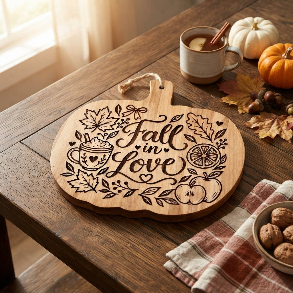 Tagliere a forma di zucca in legno con incisioni autunnali