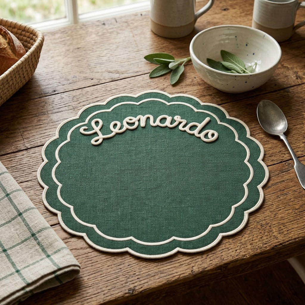 Tovaglietta personalizzata con nome bordo ondulato verde