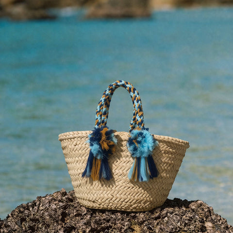 Borsa in paglia Zagara con manici macramè celeste