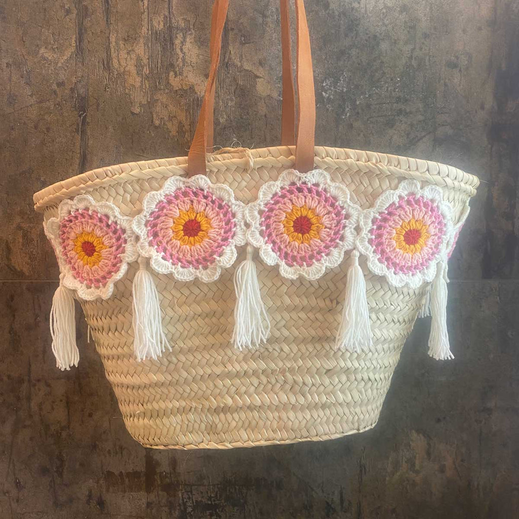 Coffa siciliana decorata borsa in paglia con granny squares uncinetto