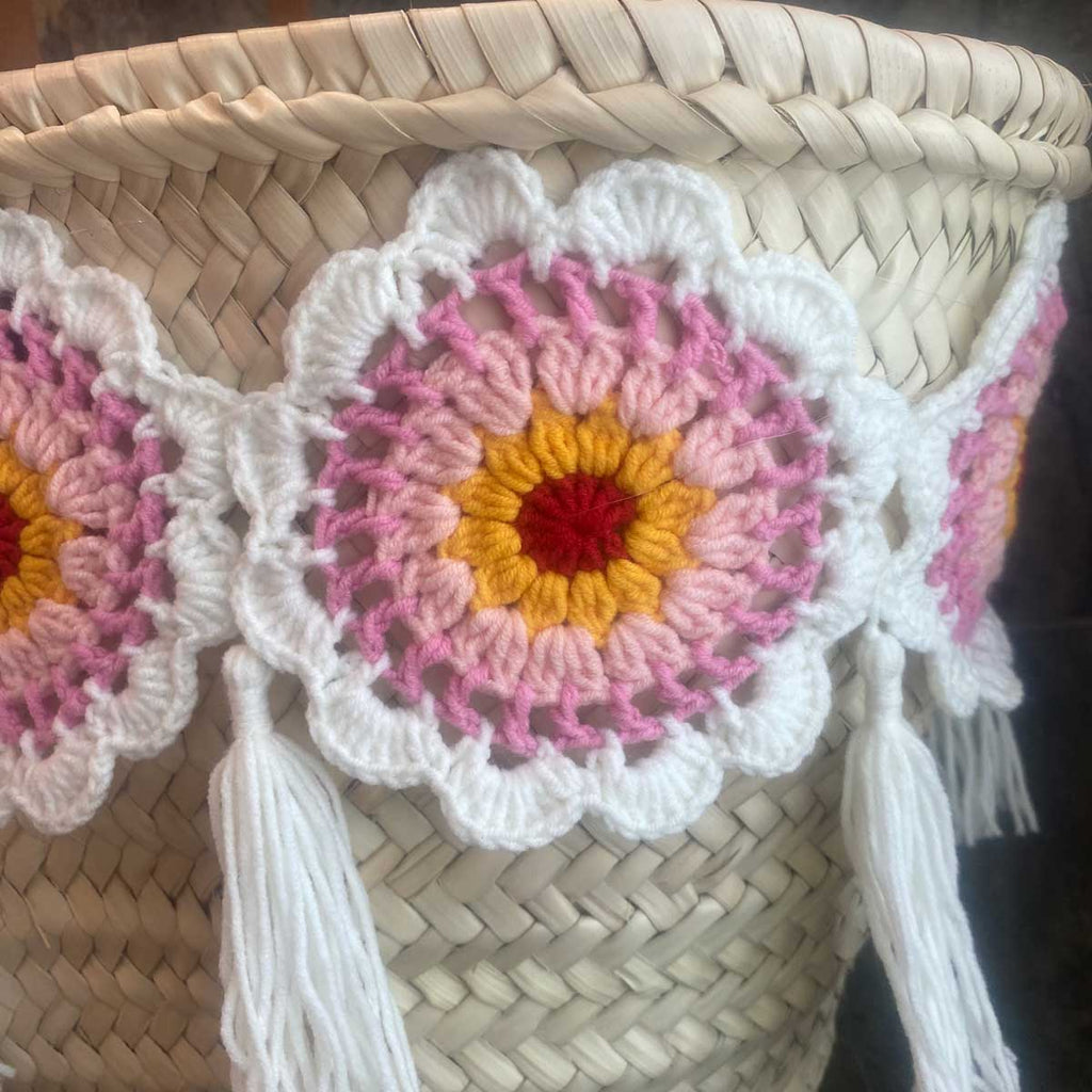 Coffa siciliana decorata borsa in paglia con granny squares uncinetto