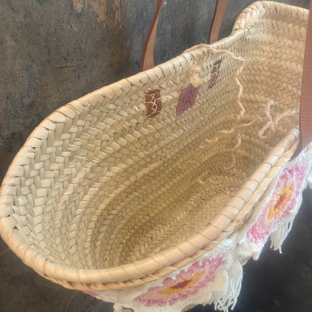 Coffa siciliana decorata borsa in paglia con granny squares uncinetto