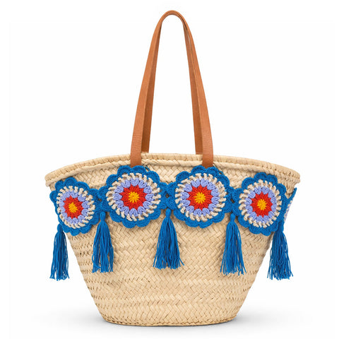 Coffa siciliana decorata borsa in paglia con granny squares uncinetto