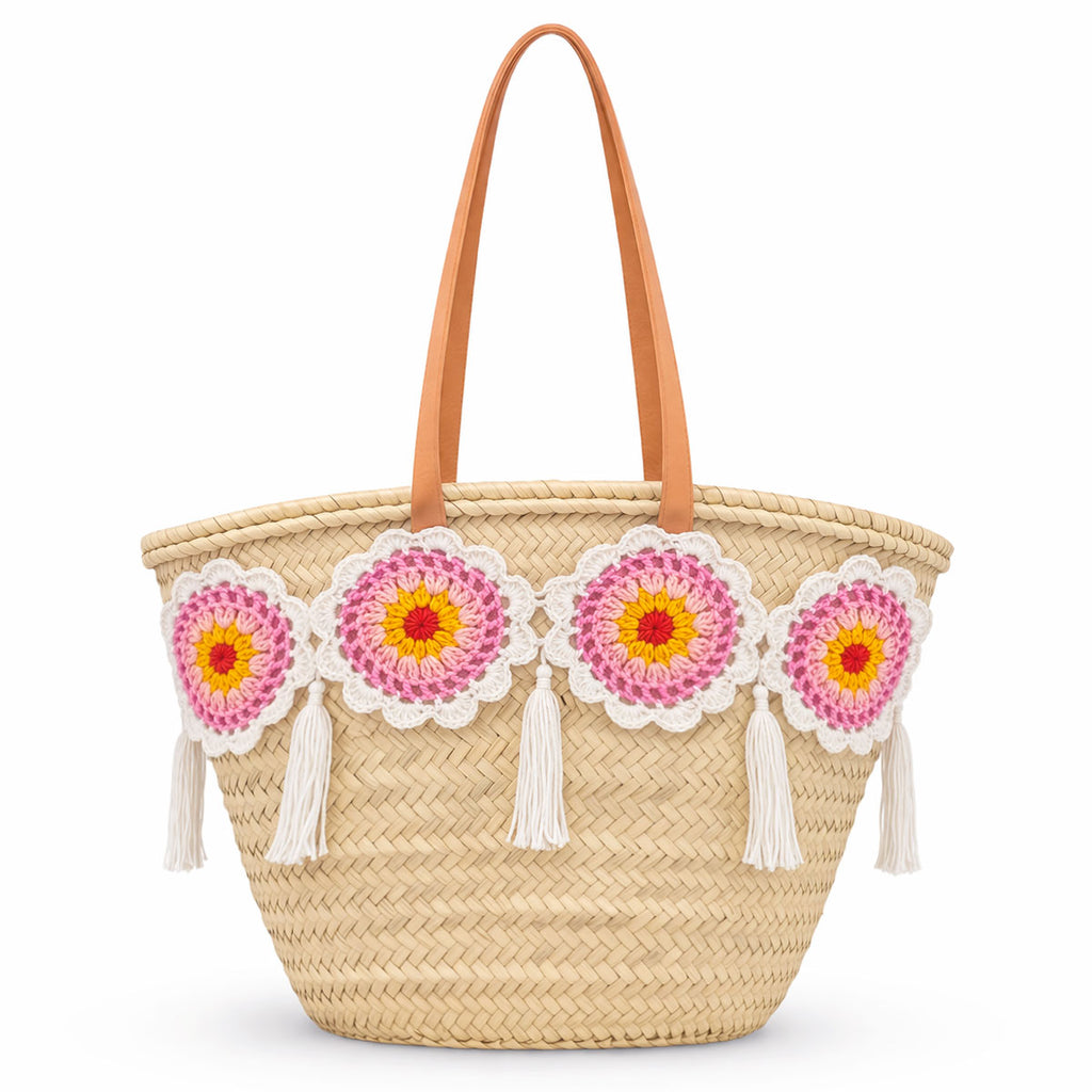 Coffa siciliana decorata borsa in paglia con granny squares uncinetto