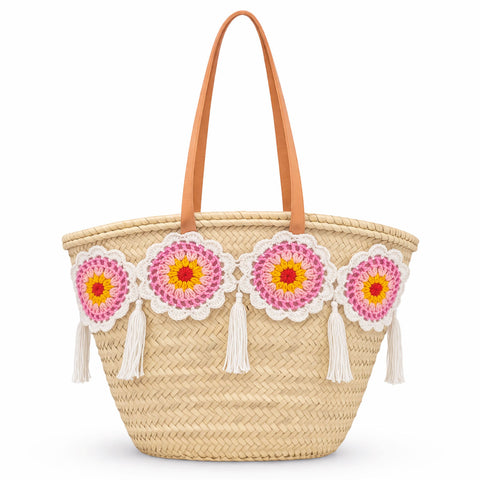 Coffa siciliana decorata borsa in paglia con granny squares uncinetto