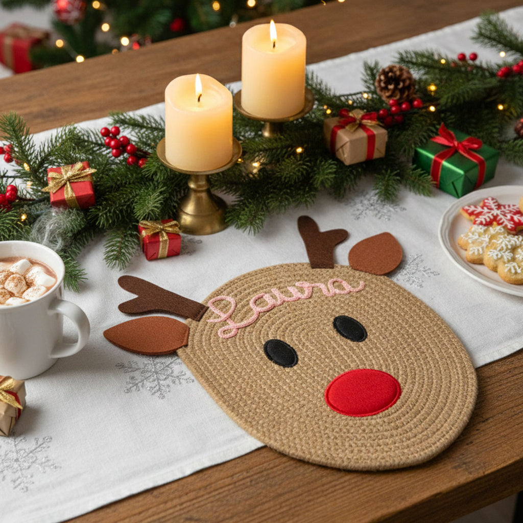 Tovaglietta natalizia personalizzata con nome a forma di renna
